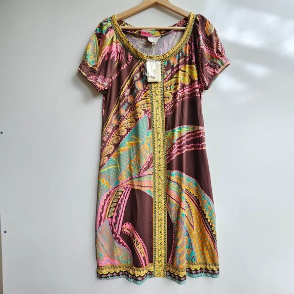 NWT Eci New York Paisley Print Short Sleeve Dress, Boho Hippy, Size Medium - Picture 1 of 14